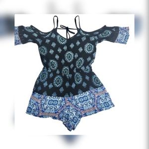 Mossimo Cold Shoulder Blue Medallion Print Romper